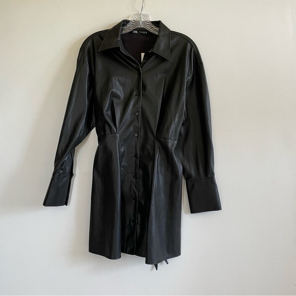 NWT Zara Black Faux Leather Shirt Dress - Picture 8 of 11